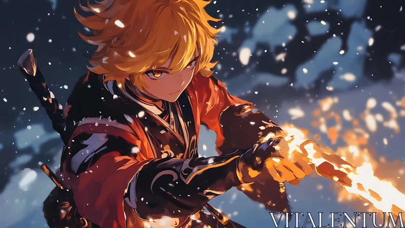 Anime warrior ignites blazing sword amid falling snow