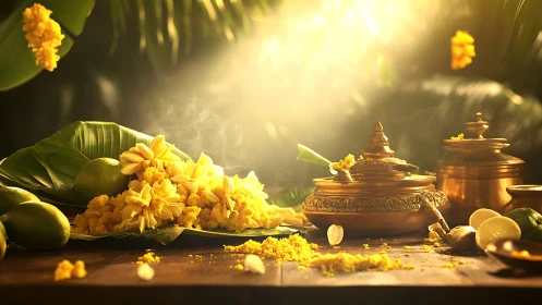 Sunlit Indian offering with marigolds and brass vessels.