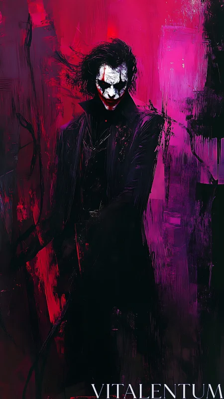 Sinister clown figure in neon magenta abstract environment.