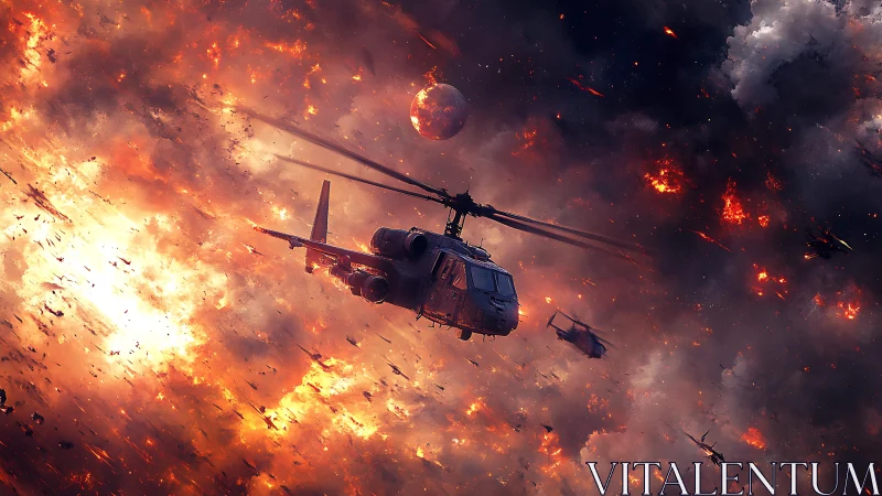 Military helicopters in fiery apocalyptic war sky scene.
