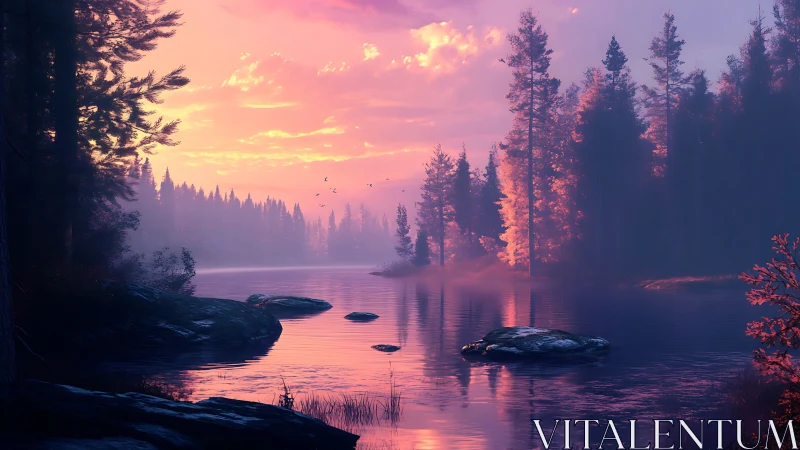 Volumetric sunset light over misted conifer lake shoreline