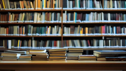 Library worktable shows stacked volumes against blurred shelves