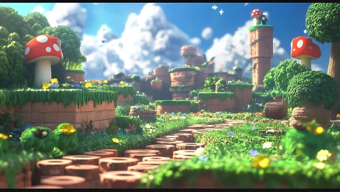 Cartoon mushroom landscape in bright stylized 3D world.