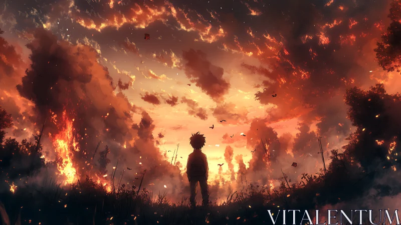 Fiery evening sky welcomes a lone dreamer into the glow