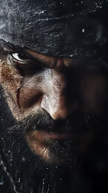 Close cropped portrait of rugged bearded man in bandana.