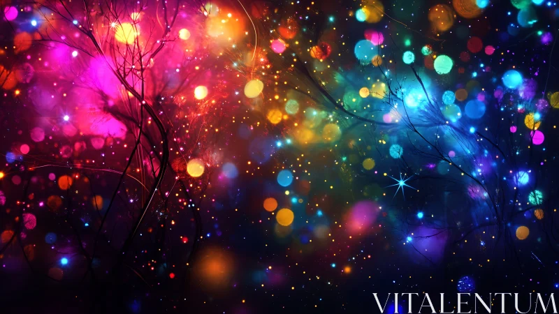 Colorful nebula bokeh glows around silhouetted branch forms