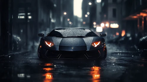 Nocturnal supercar under rainfall with cinematic reflections.