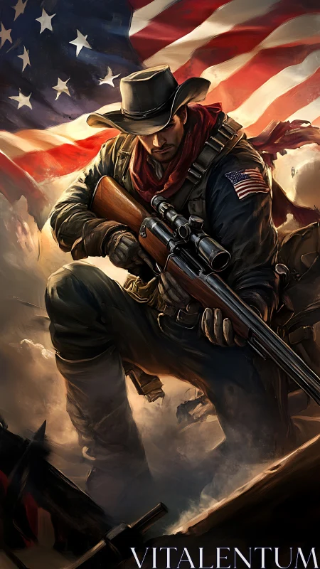 Patriotic sniper cowboy under storm-swept American flag.
