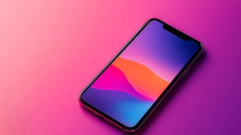 Isometric smartphone displaying vibrant gradient interface against radiant pink-magenta backdrop.