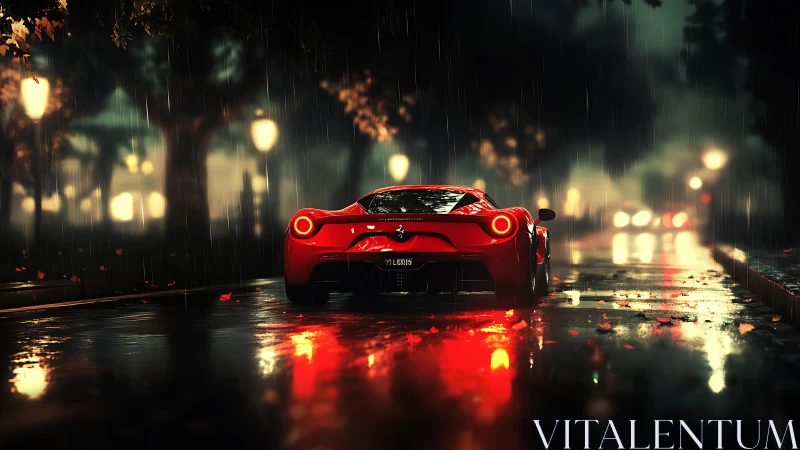 Rear-lit supercar in rain-soaked urban nocturne roadway scene.