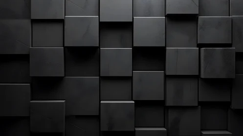 Geometric black cube relief wall in minimal 3D construction.