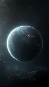 Quiet blue planet drifting through a soft starlit night.