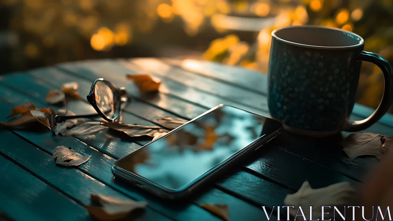 Autumn tabletop still life shows smartphone, mug and glasses in bokeh light