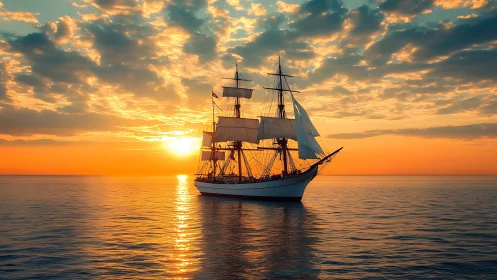 Sailing ship moves across calm sea under low evening sun