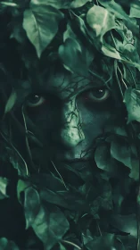 Verdant forest entity emerging through dense leaf canopy.