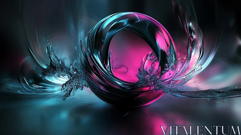 Neon liquid sphere twists through cyan and magenta void.