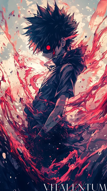 Dark anime antihero wreathed in swirling crimson energy.