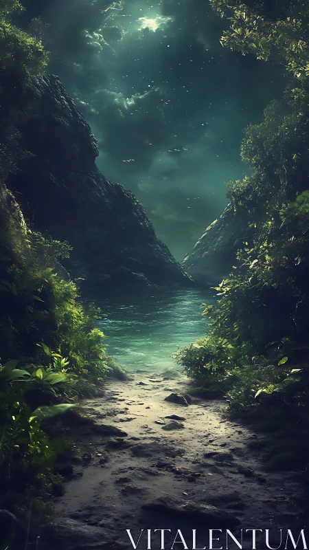 Moonlit tropical cove with rocky inlet and turquoise shallows