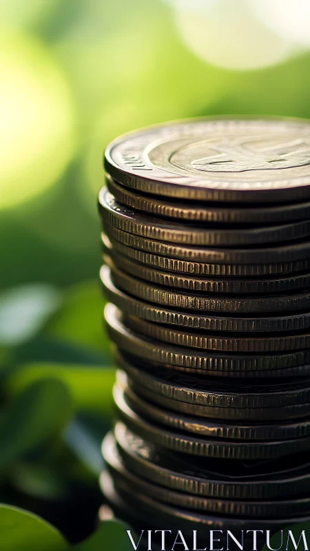 Tall stack of coins rises against soft green bokeh light