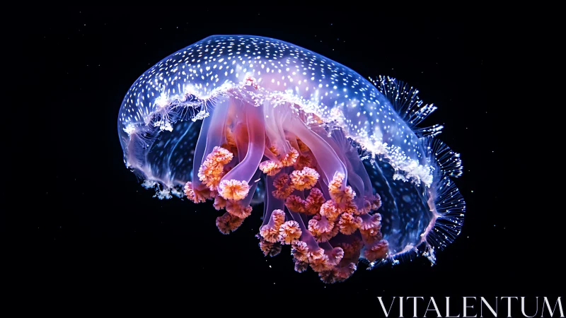 Bioluminescent jellyfish drifts through a tranquil cosmic void