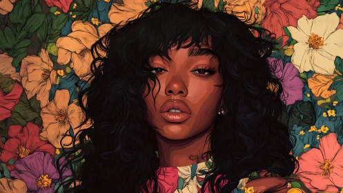 Digital portrait of woman framed by vibrant multicolor florals