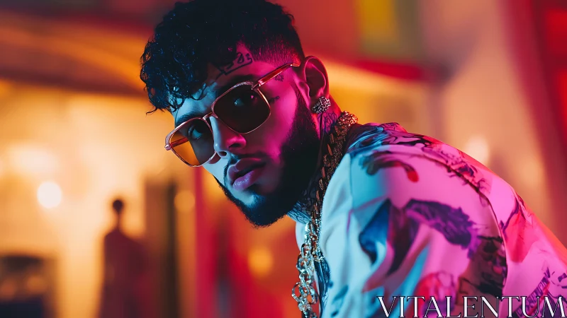 Neon lounge crooner in gilded chains and sunset lenses.