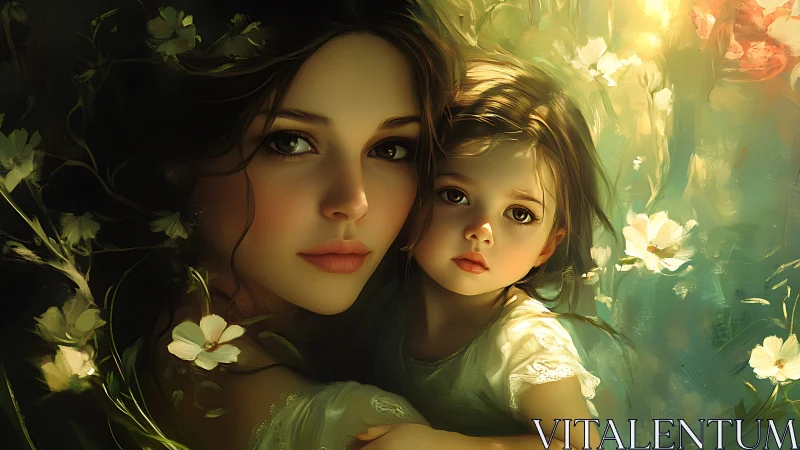 Soft spring light wraps a loving mother and child in bloom