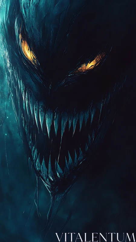 Demonic shadow creature reveals jagged fanged grin in mist