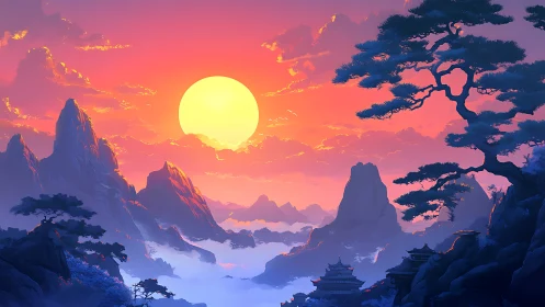 Digital landscape depicts sun over stylized mountain range