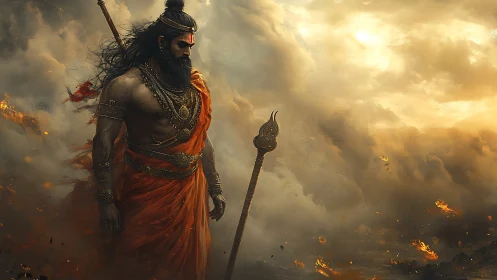 Warrior sage in blazing robes amid storm-lit battlefield.