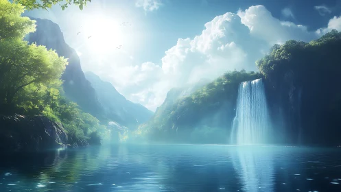 Radiant misty waterfall cascades into a tranquil blue lake