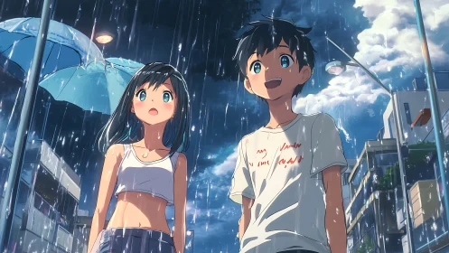Two anime teenagers stand in heavy city rain at daytime