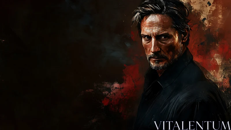 Middle-aged man in dark clothing against abstract backdrop.