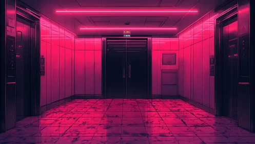 Neon lit elevator lobby with reflective tiled floor at night.