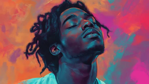 Portrait of man in vivid abstract neon color field background.