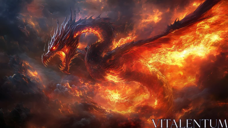 Infernal serpentine dragon erupts from storm-lit volcanic skies