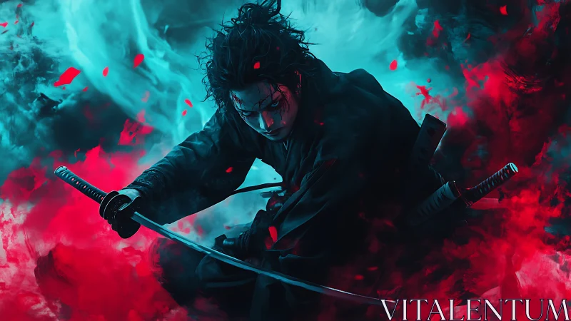 Sword-wielding warrior crouches in swirling red cyan smoke