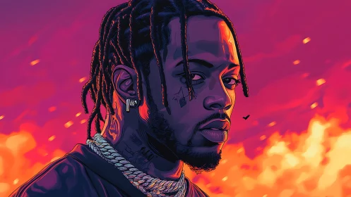 Neon twilight portrait of braided icon in blazing sky glow.