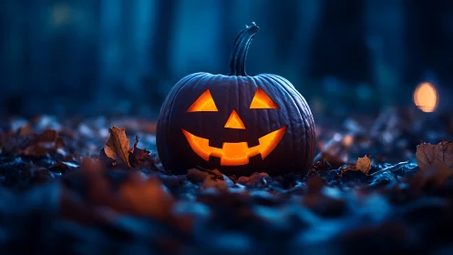 Glowing jack-o-lantern on forest floor in moody blue light.
