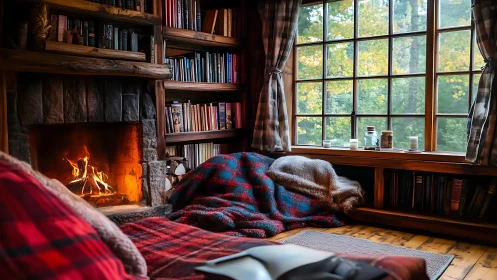 Cozy Reading Sanctuary: Firelit Library Nook with Plaid Comfort.
