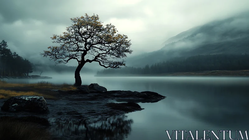 Solitary lakeside tree in mist over calm mountain water.