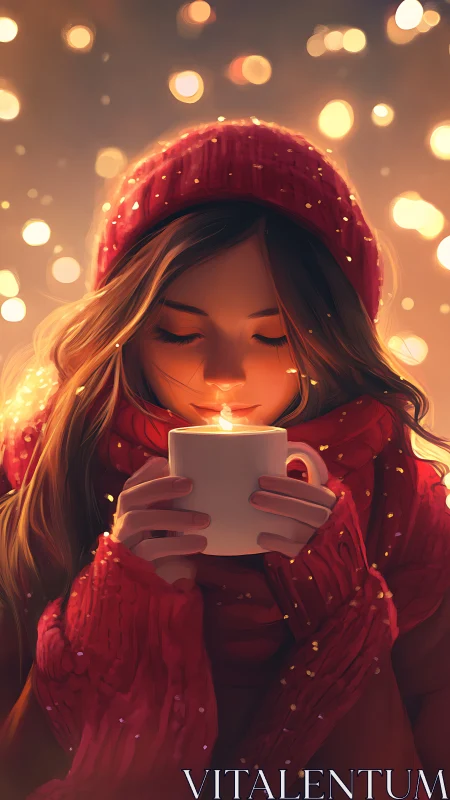 Winter glow portrait with girl holding lit mug candle.