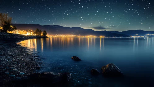 Starry coastal night over calm bay with glowing city lights.