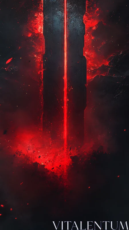 Obsidian monolith split by glowing red molten core.