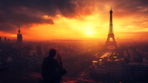Silhouette observes Eiffel Tower skyline under blazing sunset
