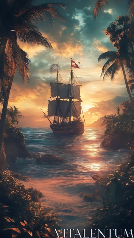 Pirate galleon sails tropical cove under vivid sunset sky
