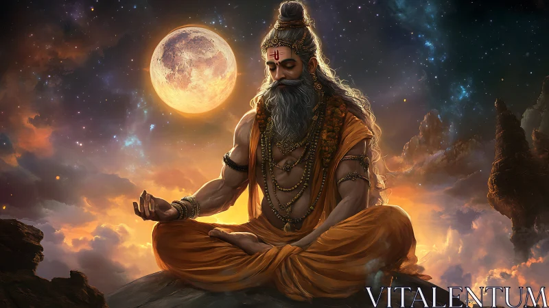 Digital painting of meditative sage under lunar-illuminated sky.