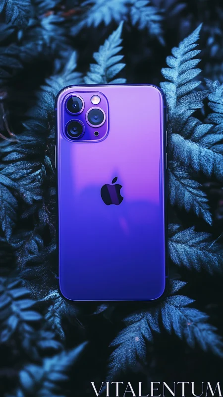 Violet gradient iPhone gleams amid midnight blue foliage.