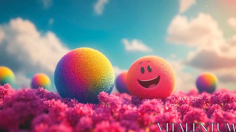 Smiling rainbow spheres playing in a dreamy flower meadow.