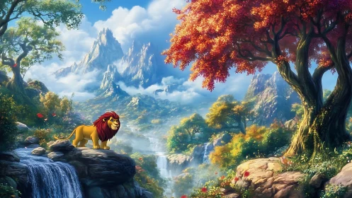 Cartoon lion surveys lush fantasy waterfall valley landscape